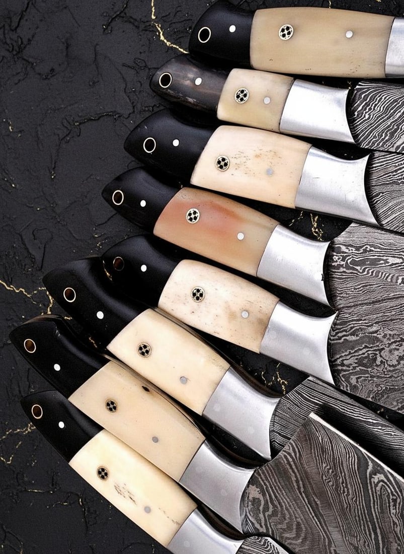 8pc Hand Forged Damascus Steel Kitchen Knife Set with Camel Bone Handles & Leather Roll - 3