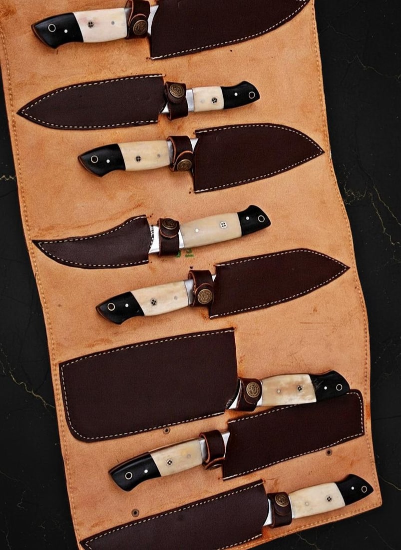 8pc Hand Forged Damascus Steel Kitchen Knife Set with Camel Bone Handles & Leather Roll - 4