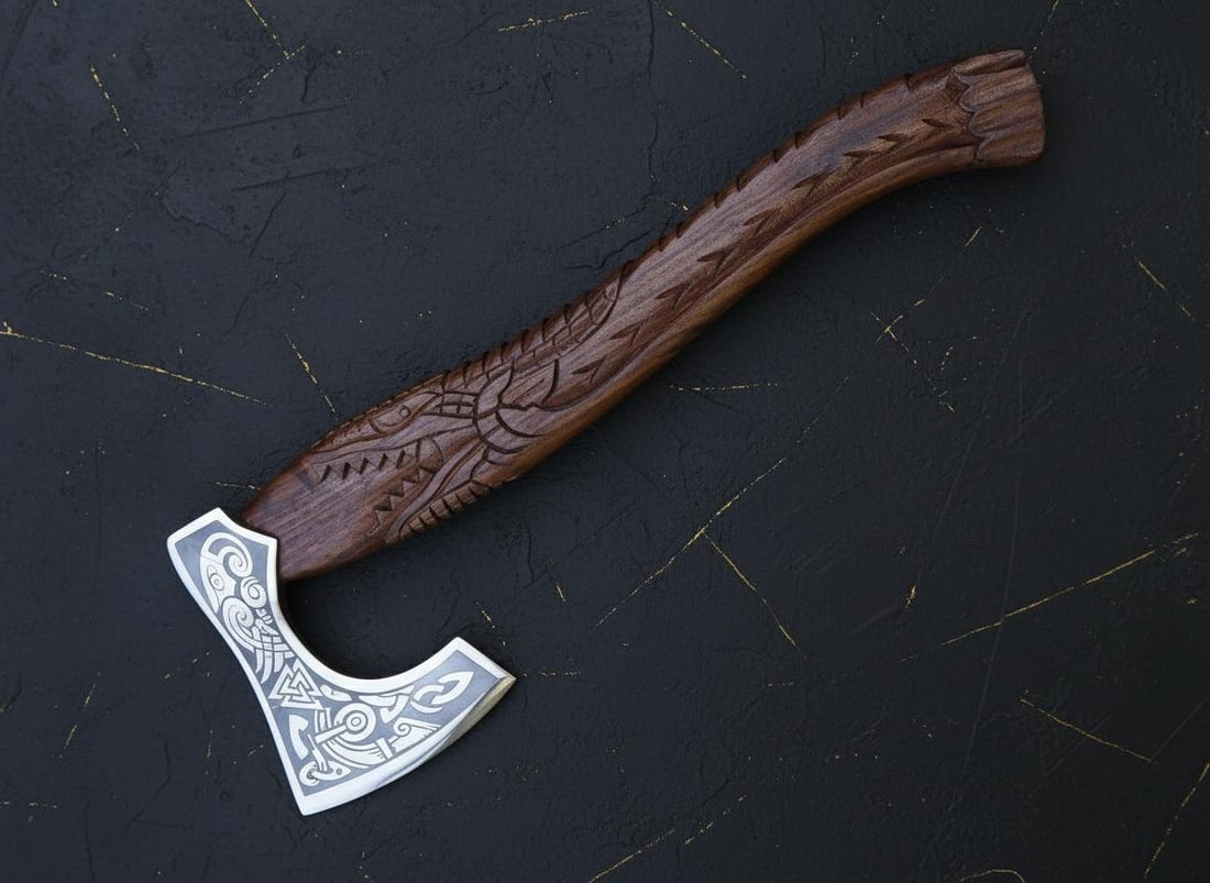 Hand Forged Viking Axe 21" Carbon Steel Blade with Engraved Dragon Wood Handle - 3