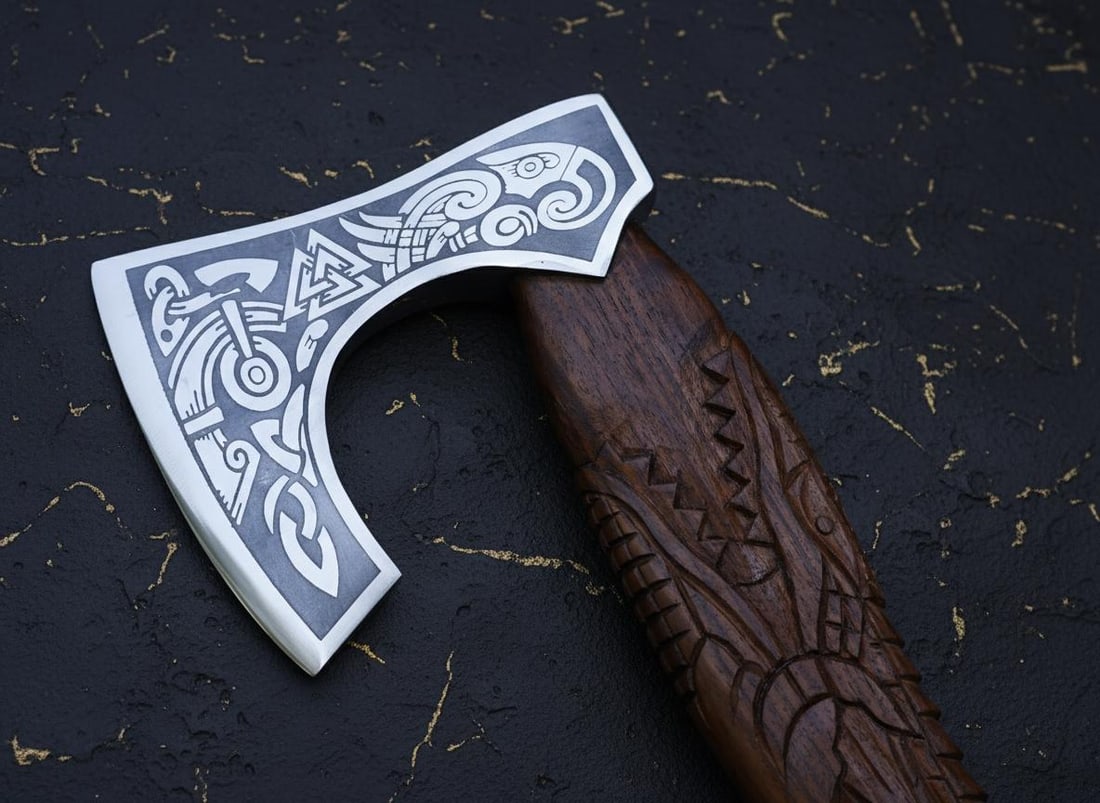 Hand Forged Viking Axe 21" Carbon Steel Blade with Engraved Dragon Wood Handle - 4