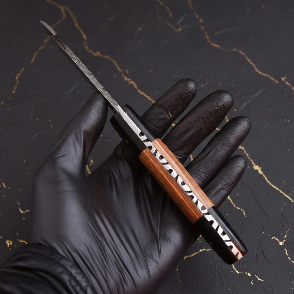 Full Tang Damascus Gut Hook Skinner Knife with Sheath, Twisted Steel & Wood Handle - 4