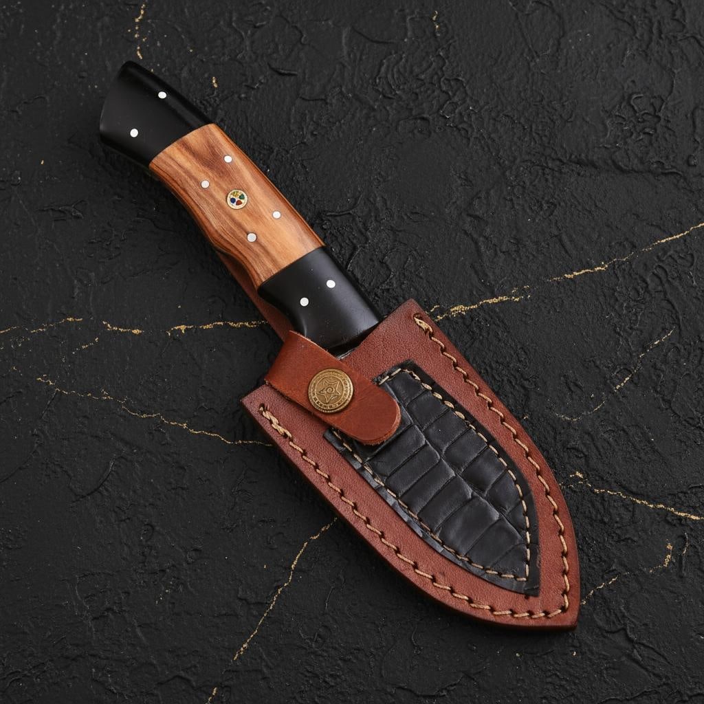 Full Tang Damascus Gut Hook Skinner Knife with Sheath, Twisted Steel & Wood Handle - 6