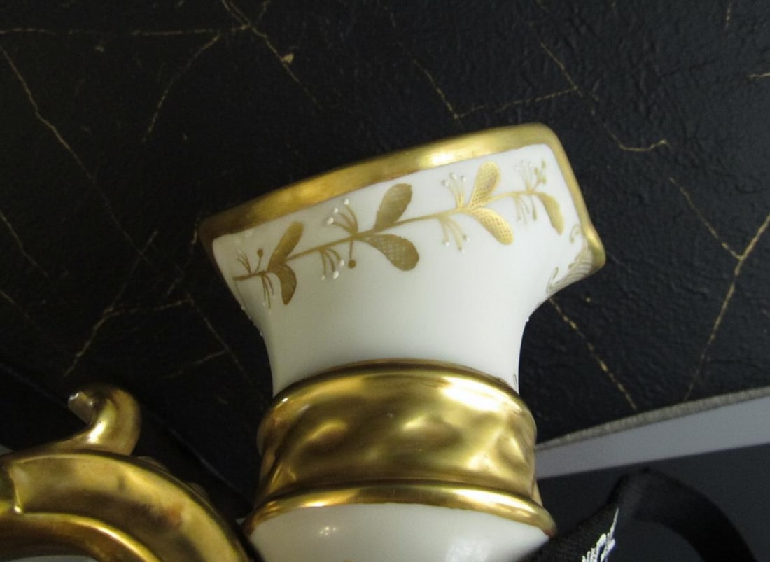 Ornate Victorian Porcelain Pitcher 13" Hand Painted Pastel Floral Vase Gold Handle - 13