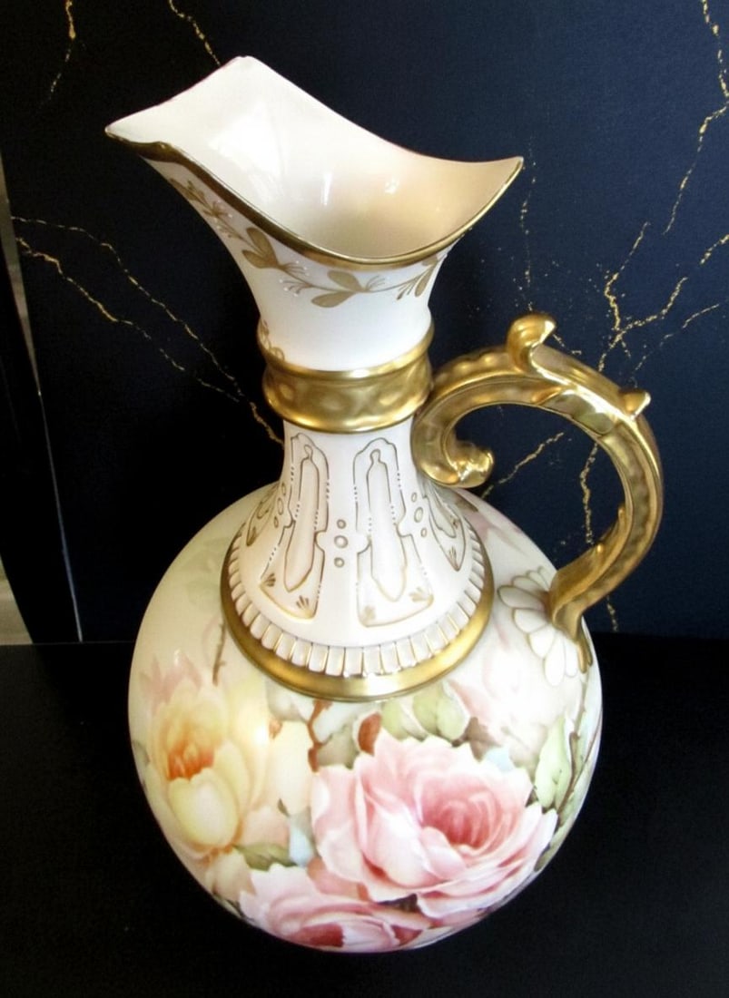 Ornate Victorian Porcelain Pitcher 13" Hand Painted Pastel Floral Vase Gold Handle - 2