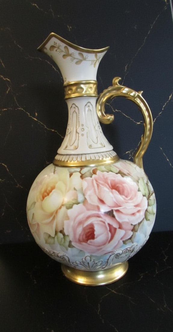 Ornate Victorian Porcelain Pitcher 13" Hand Painted Pastel Floral Vase Gold Handle - 3
