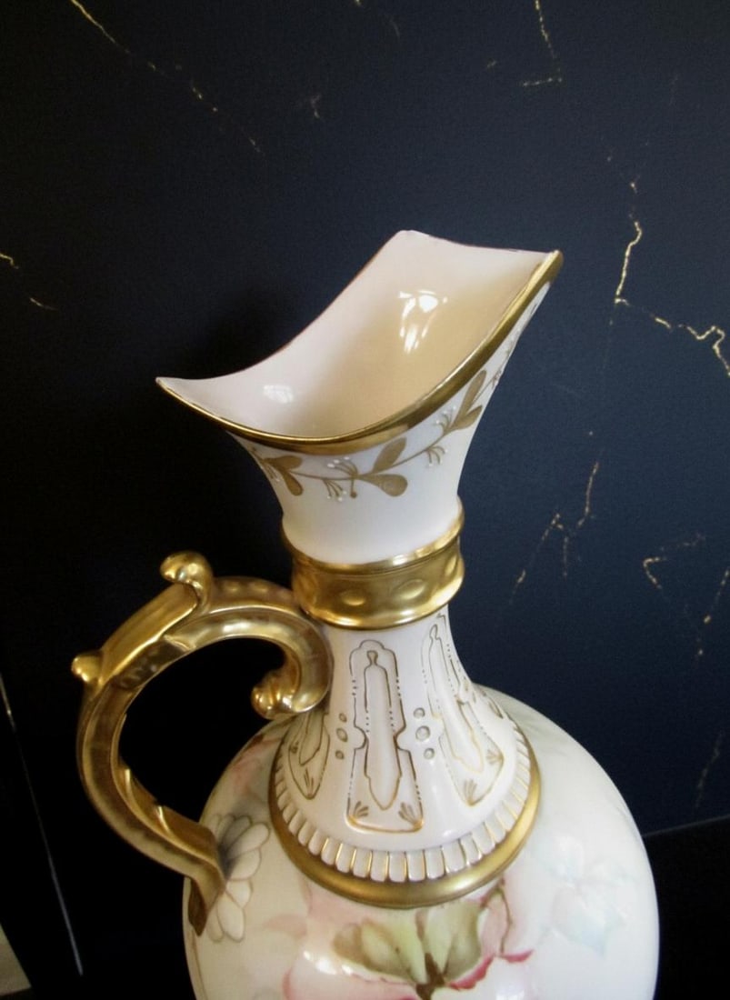 Ornate Victorian Porcelain Pitcher 13" Hand Painted Pastel Floral Vase Gold Handle - 5