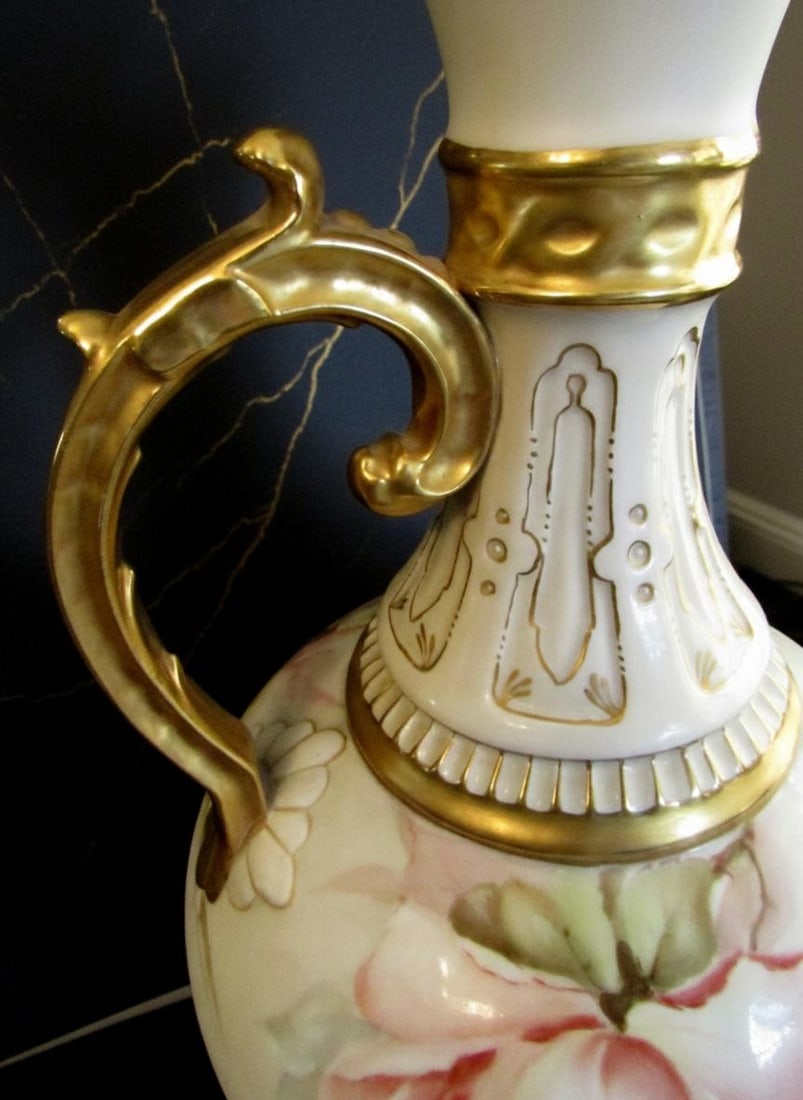 Ornate Victorian Porcelain Pitcher 13" Hand Painted Pastel Floral Vase Gold Handle - 6
