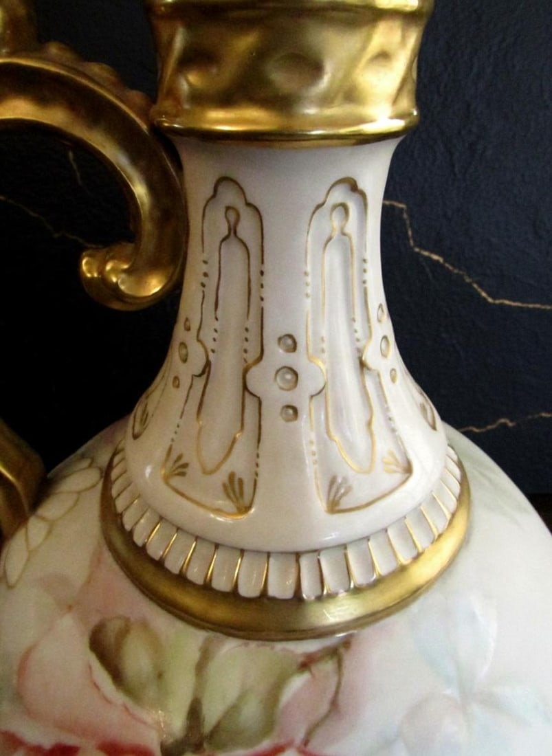 Ornate Victorian Porcelain Pitcher 13" Hand Painted Pastel Floral Vase Gold Handle - 7