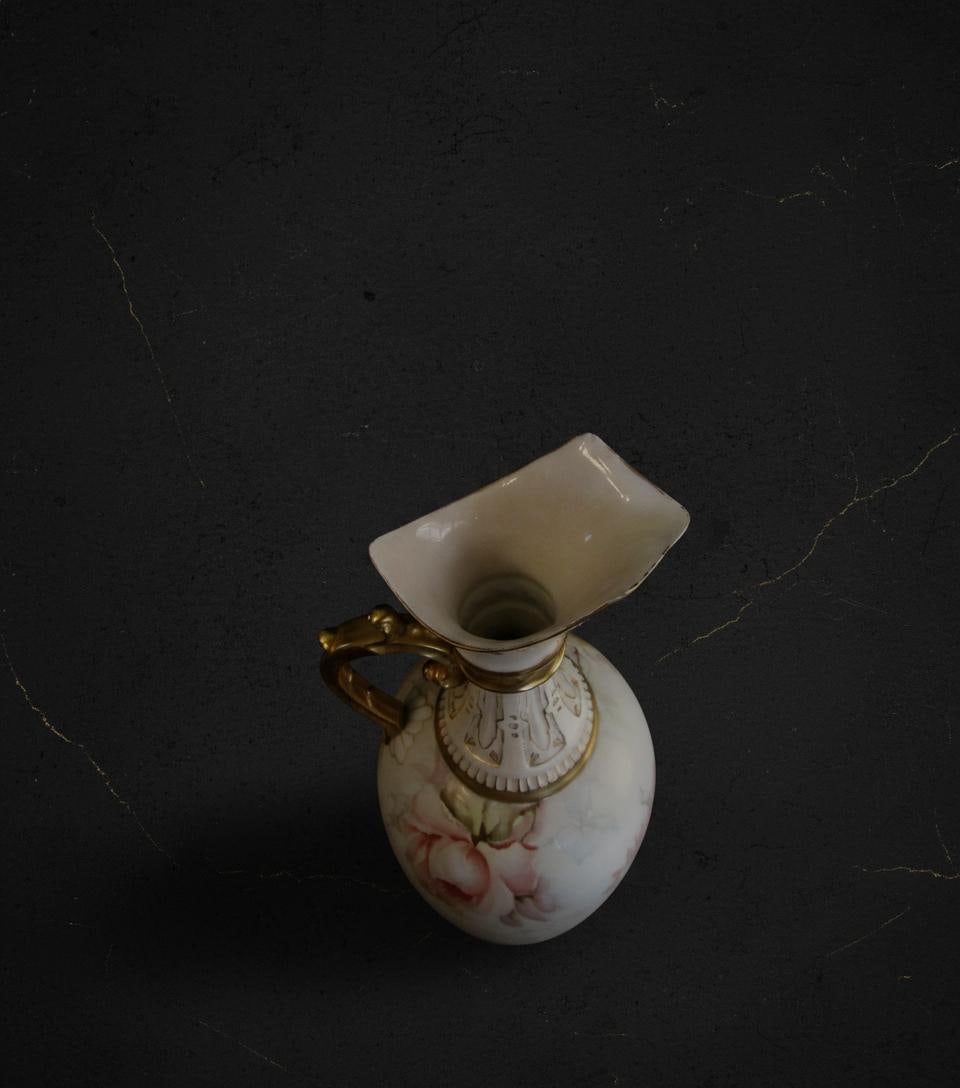 Ornate Victorian Porcelain Pitcher 13" Hand Painted Pastel Floral Vase Gold Handle - 8