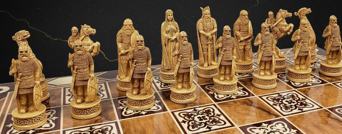 Hand Painted Norse Viking Chess Pieces Set 3 1/4" King Brown & White Resin, No Board - 5