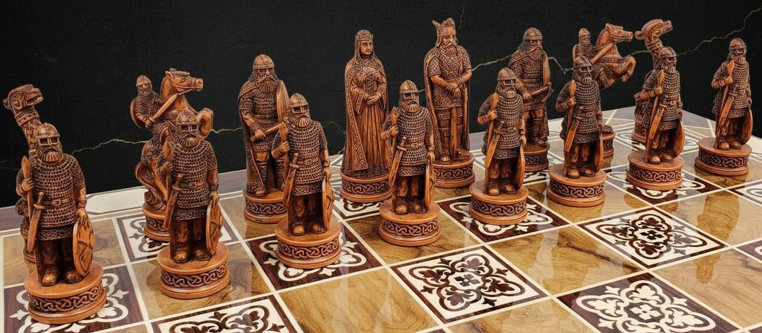 Hand Painted Norse Viking Chess Pieces Set 3 1/4" King Brown & White Resin, No Board - 6