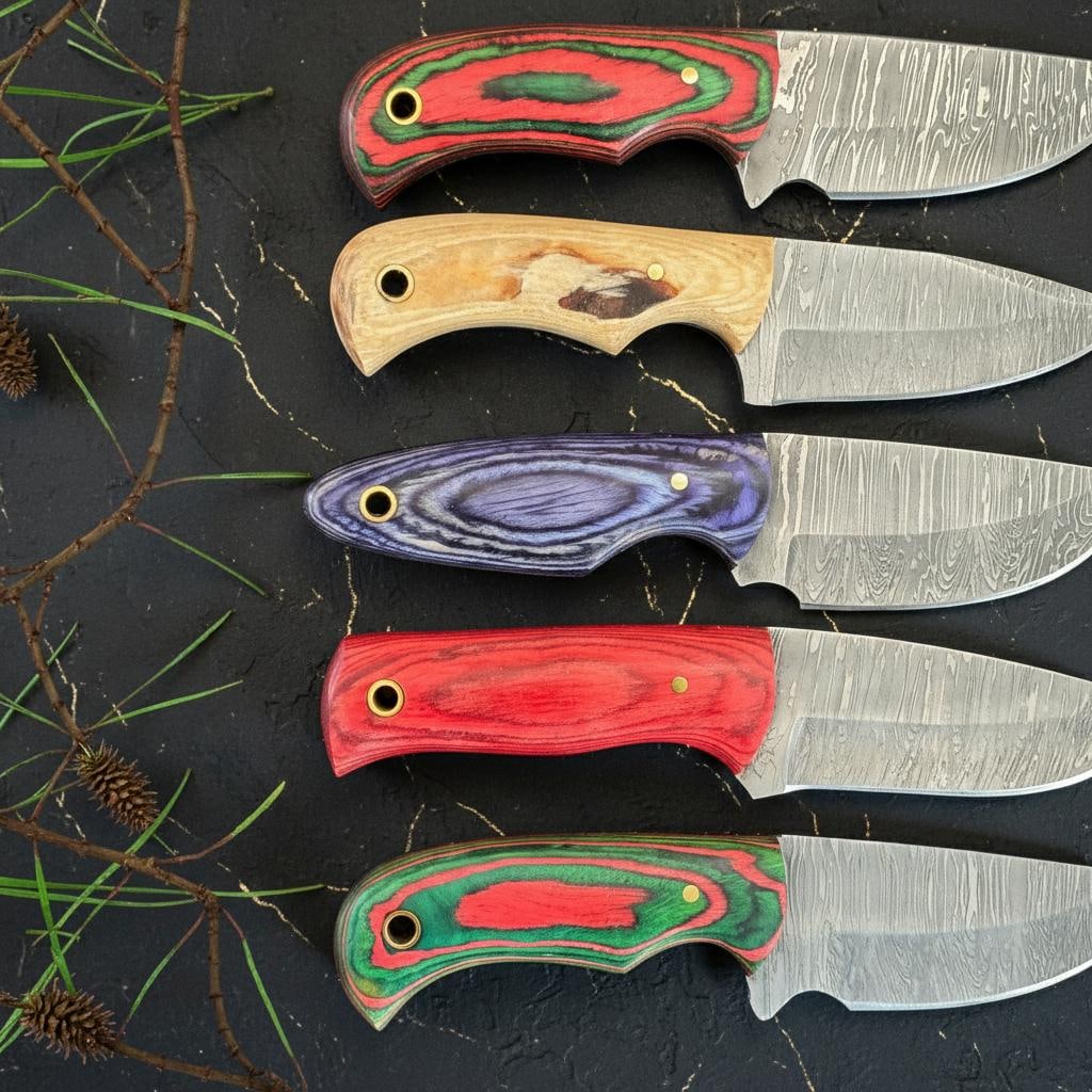 Hand-Forged Damascus Steel Hunting Knife Lot, 10pc Set with Pakka Wood Handles - 3