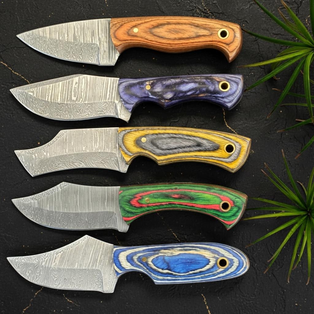 Hand-Forged Damascus Steel Hunting Knife Lot, 10pc Set with Pakka Wood Handles - 4