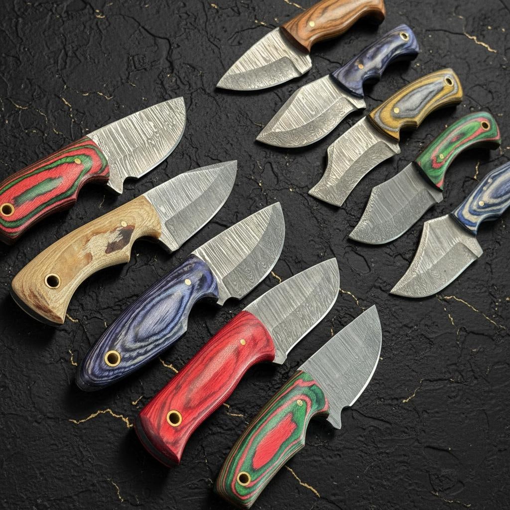 Hand-Forged Damascus Steel Hunting Knife Lot, 10pc Set with Pakka Wood Handles - 6