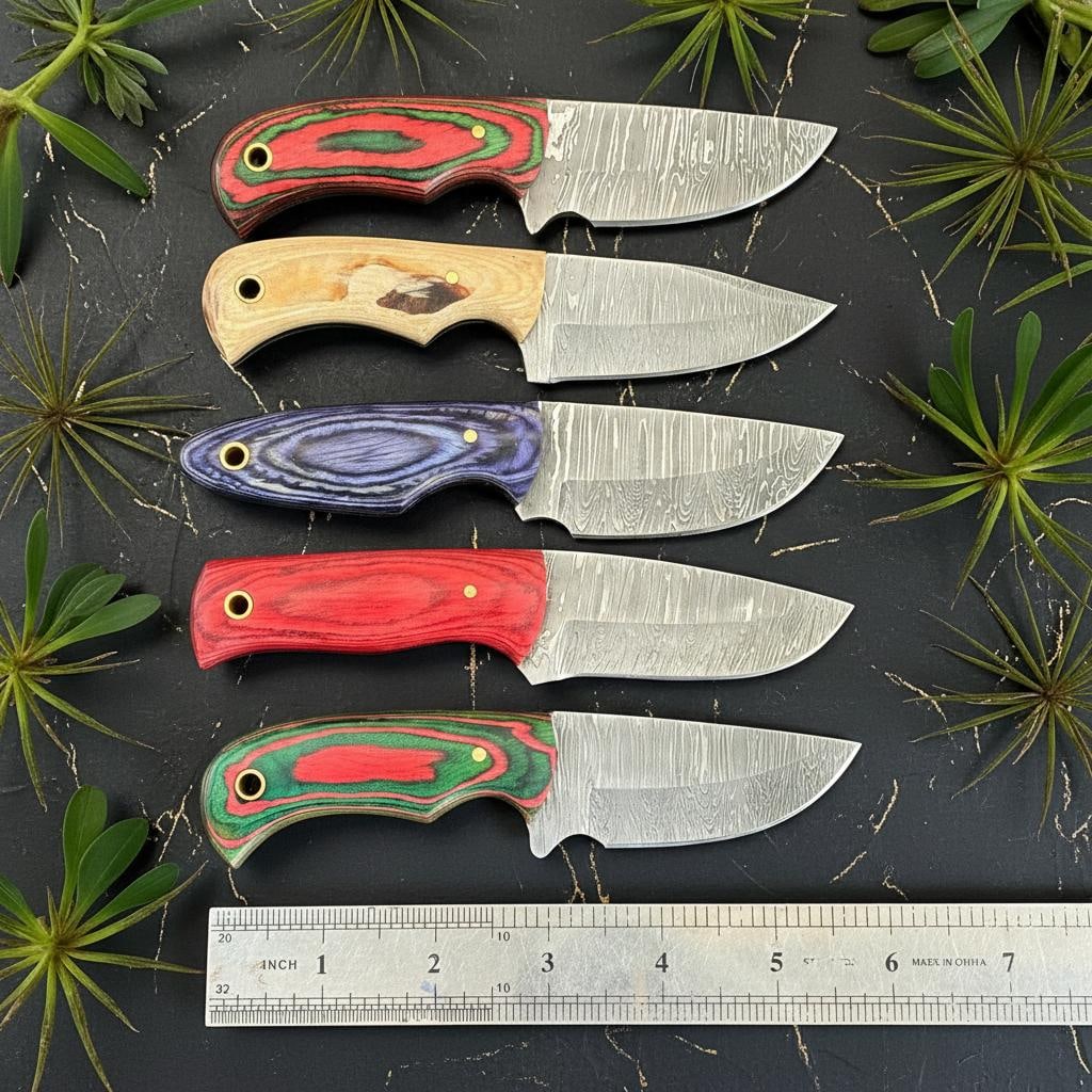 Hand-Forged Damascus Steel Hunting Knife Lot, 10pc Set with Pakka Wood Handles - 7