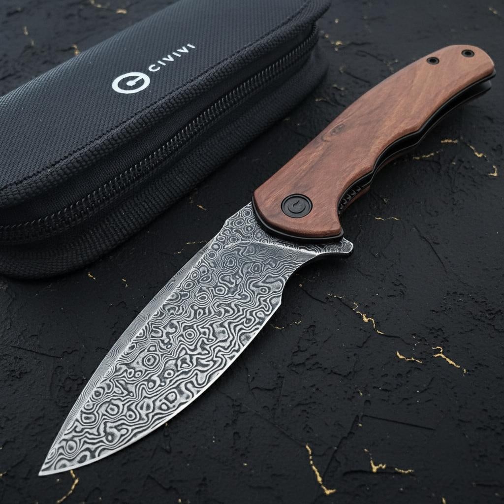 Damascus Steel Blade Civivi Mini Praxis Folder with Brown Wood Handle Liner Lock: Title:Damascus Steel Blade Civivi Mini Praxis Folder with Brown Wood Handle Liner LockDescription:This Civivi Mini Praxis is a compact and elegant folding knife, perfect for everyday use. It features