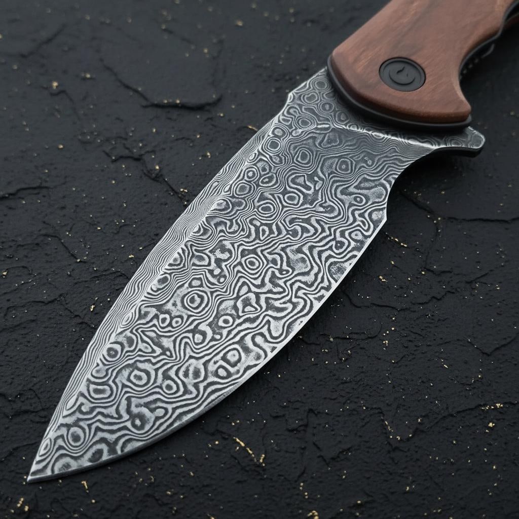 Damascus Steel Blade Civivi Mini Praxis Folder with Brown Wood Handle Liner Lock - 2