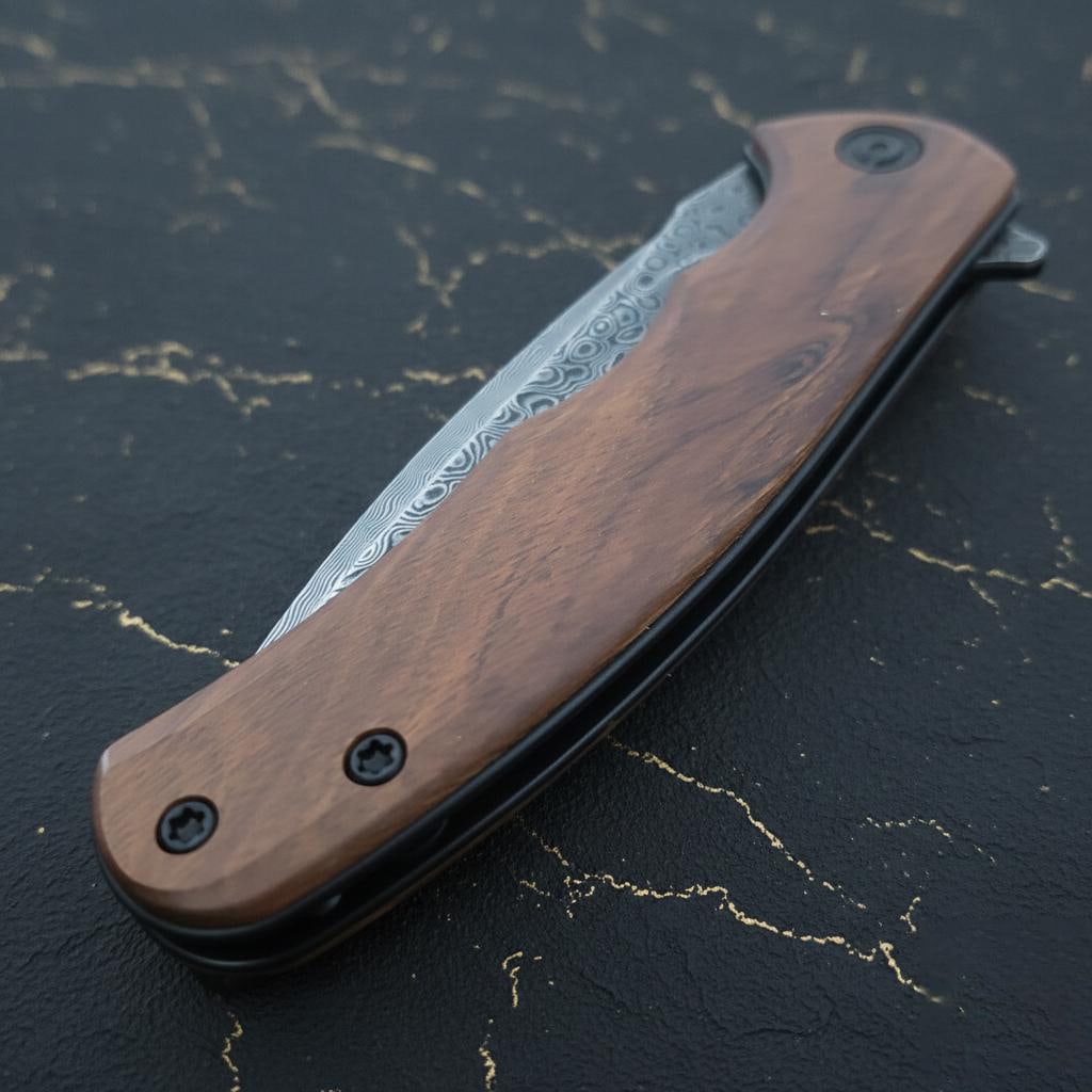 Damascus Steel Blade Civivi Mini Praxis Folder with Brown Wood Handle Liner Lock - 5