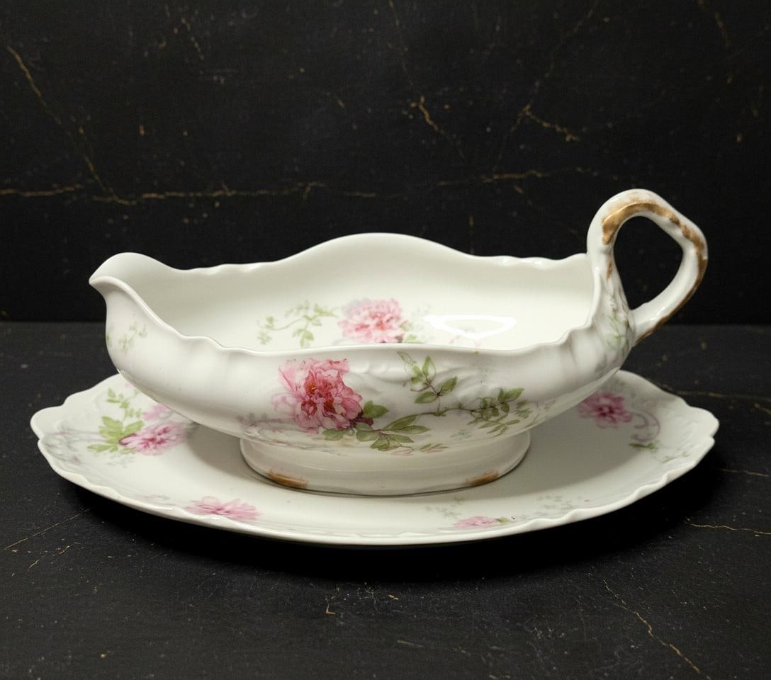 Antique Pink Roses Gravy Boat & Underplate by Theodore Haviland Limoges France Gilded - 2