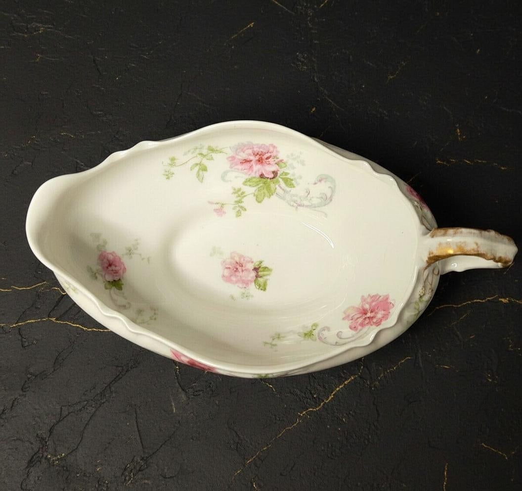 Antique Pink Roses Gravy Boat & Underplate by Theodore Haviland Limoges France Gilded - 3