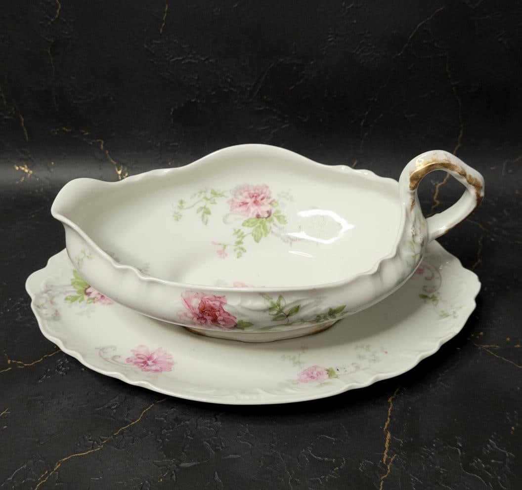 Antique Pink Roses Gravy Boat & Underplate by Theodore Haviland Limoges France Gilded - 4