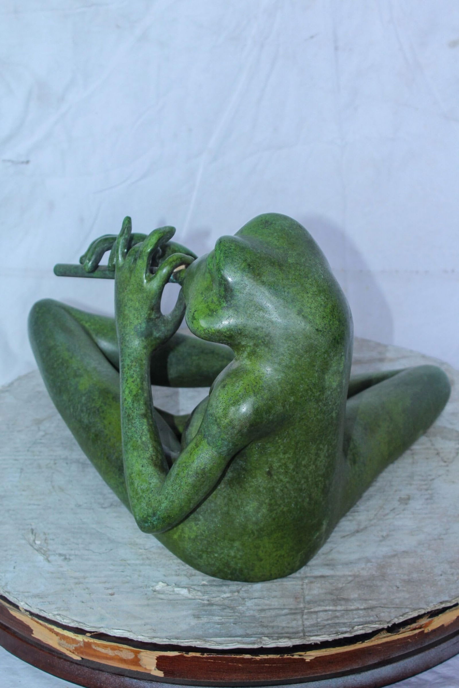 Musical Frog Playing Flute Bronze Statue with Green Patina 20" x 18" x 12"H - 9
