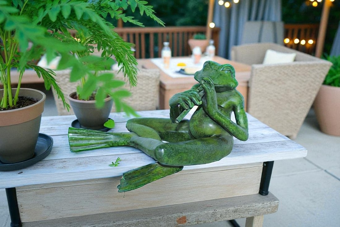 Musical Frog Playing Flute Bronze Statue with Green Patina 20" x 18" x 12"H - 2