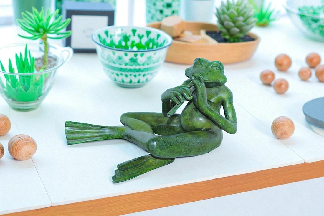 Musical Frog Playing Flute Bronze Statue with Green Patina 20" x 18" x 12"H - 5