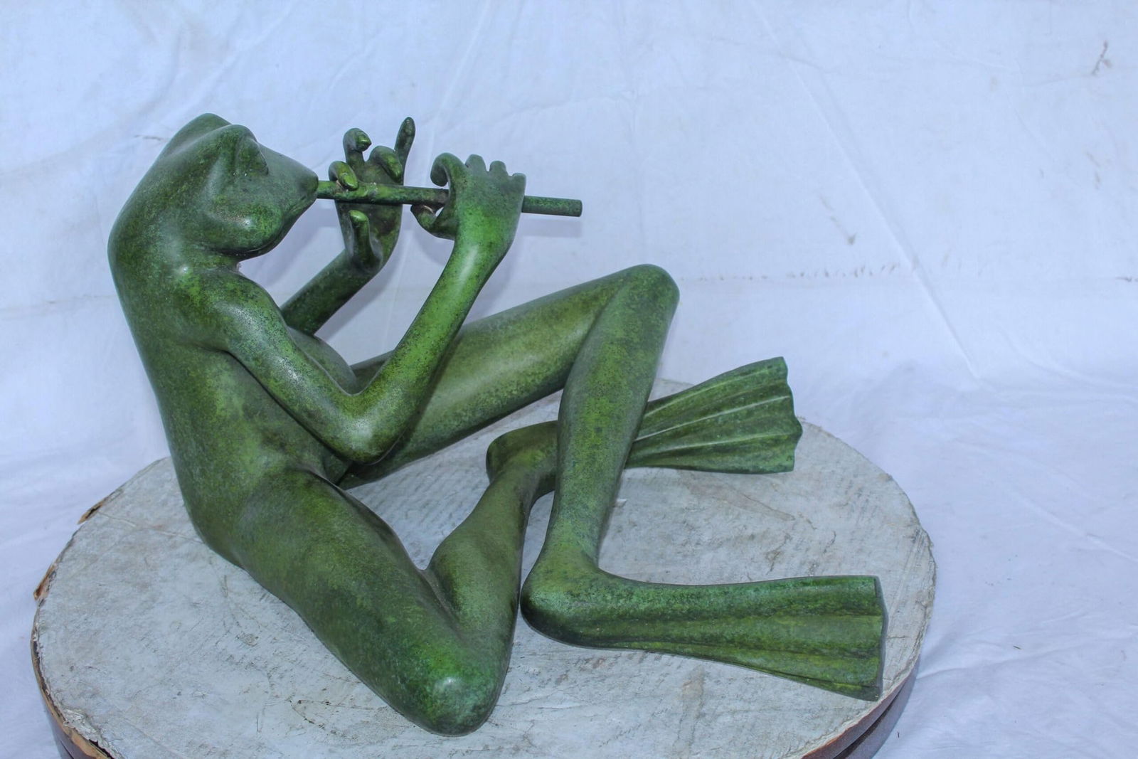 Musical Frog Playing Flute Bronze Statue with Green Patina 20" x 18" x 12"H - 7