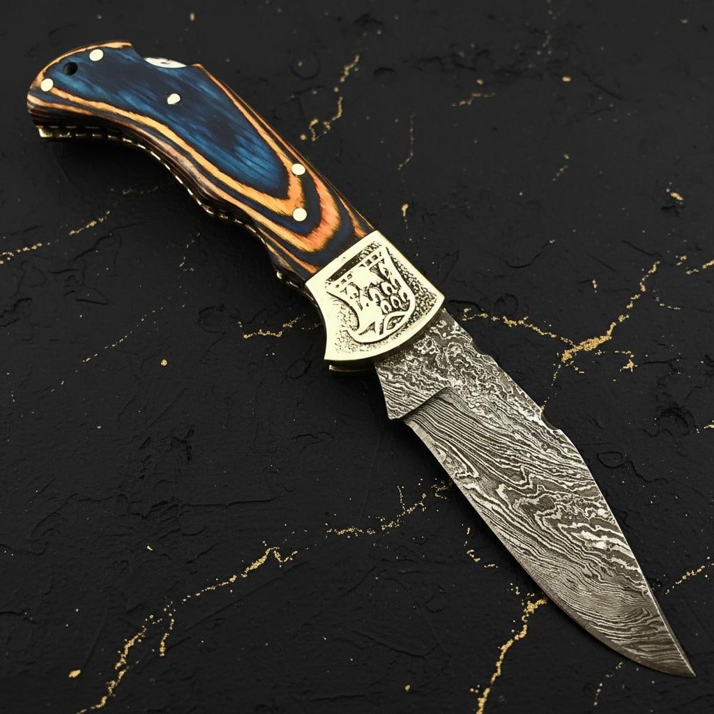 Twist Pattern Damascus Steel Pocket Knife with 3" Hand Forged Tactical Folding Blade - 3