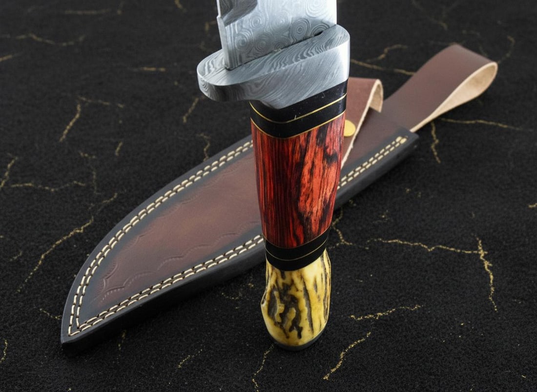 Custom Forged Damascus Steel Bowie Knife 13.5" with Stag Horn & Wood Handle for Hunting - 4