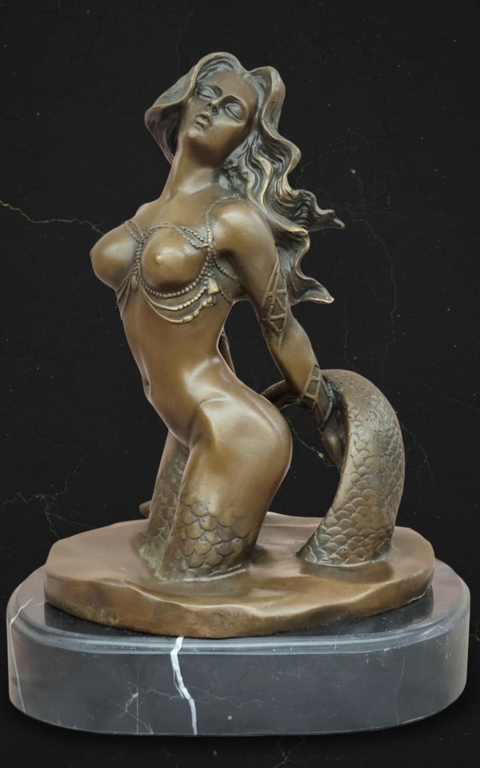 Classic Mermaid Bronze Sculpture Signed Milo Western Art Statue on Marble Base: Title:Classic Mermaid Bronze Sculpture Signed Milo Western Art Statue on Marble BaseDescription:This is a classic Western art sculpture of a marine mermaid, signed by the artist Milo. The figure is