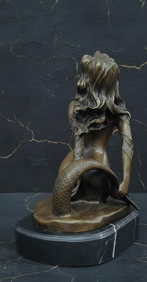 Classic Mermaid Bronze Sculpture Signed Milo Western Art Statue on Marble Base - 4
