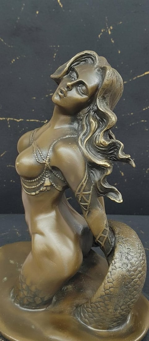 Classic Mermaid Bronze Sculpture Signed Milo Western Art Statue on Marble Base - 6