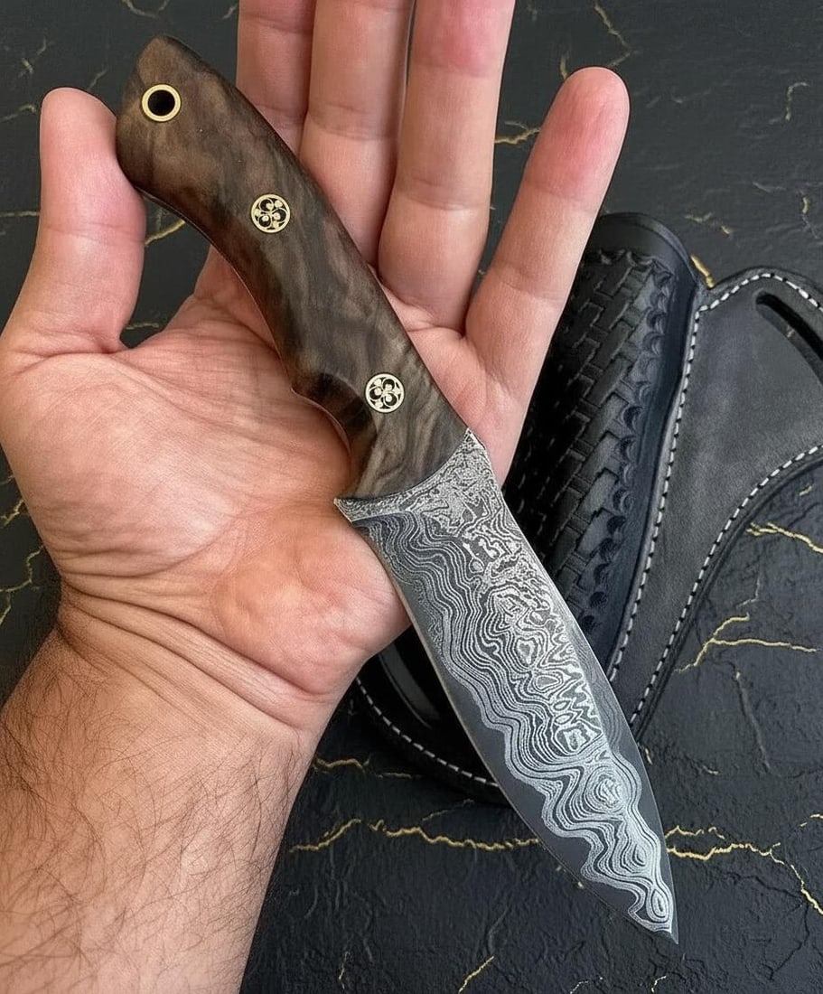 Full Tang Damascus Steel Hunting Knife 150 Layer Forged Blade with Wood Handle Sheath - 3