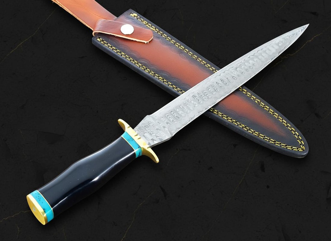 Forged Damascus Steel Bowie Hunting Dagger, 15 Inch Custom Knife with Resin Handle - 3