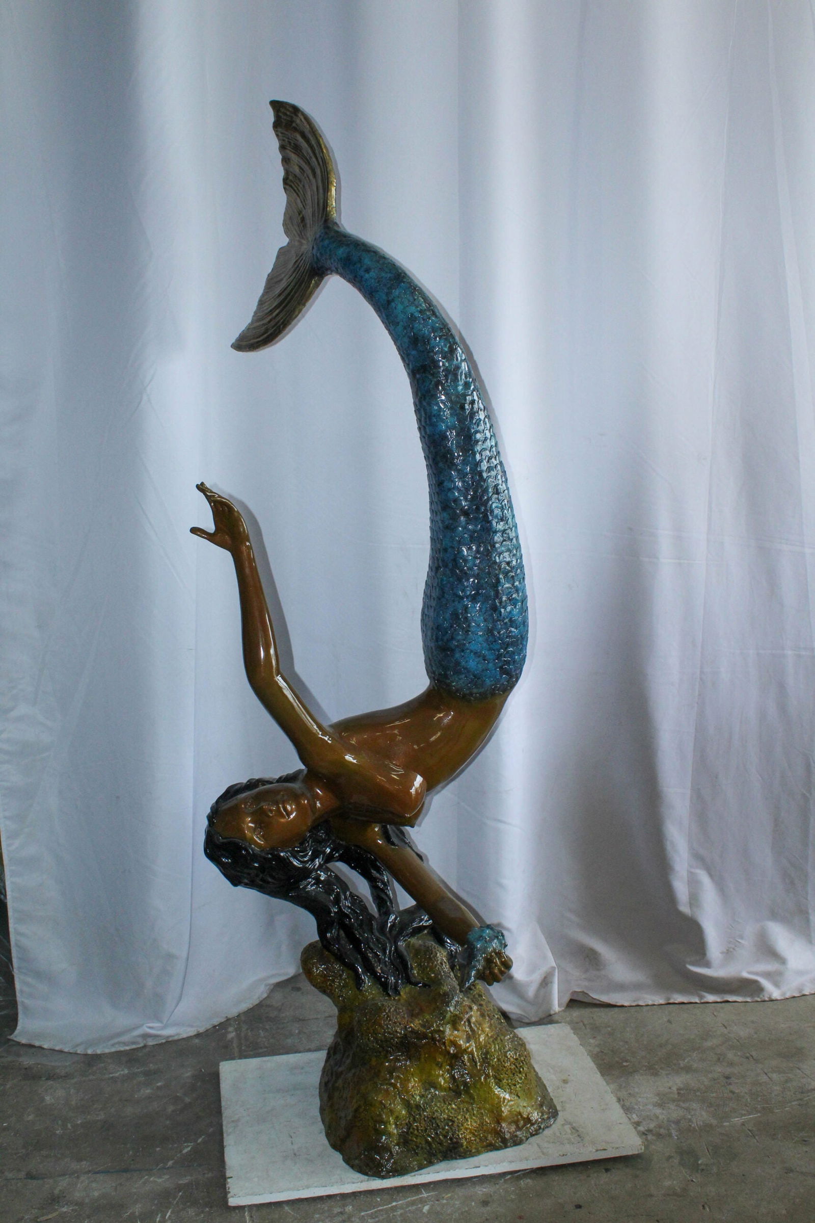 Large Bronze Mermaid Fountain Statue With Blue Tail 37" x 30" x 85"H - 10