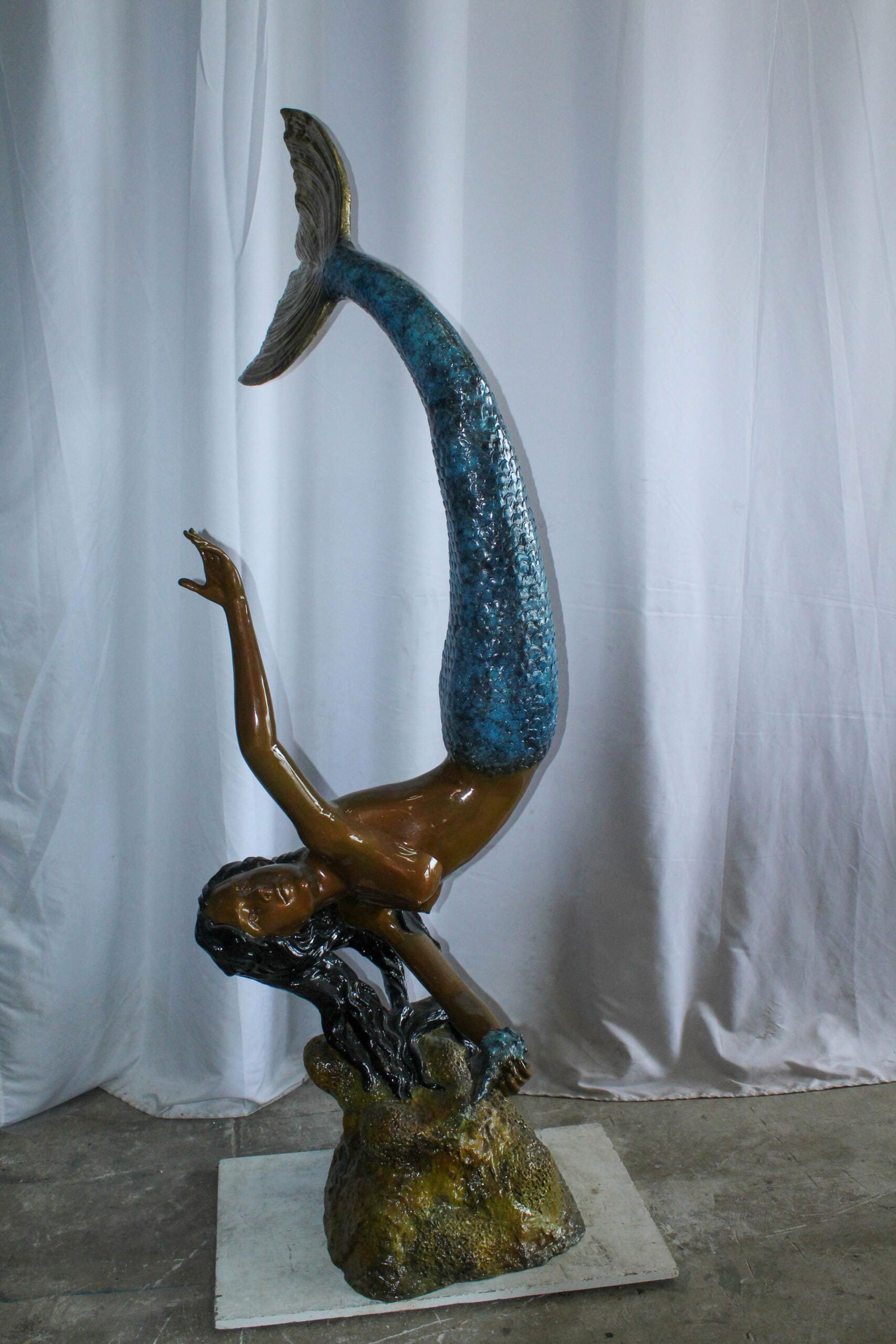 Large Bronze Mermaid Fountain Statue With Blue Tail 37" x 30" x 85"H - 11