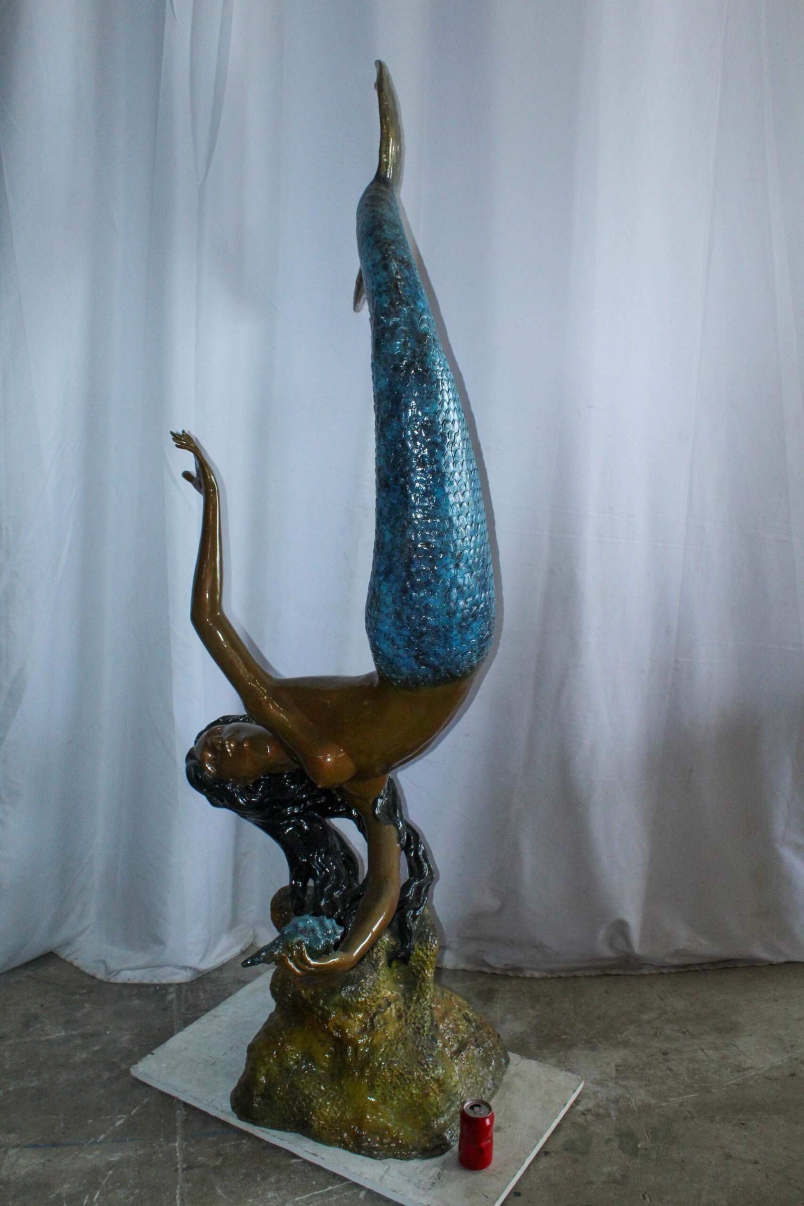 Large Bronze Mermaid Fountain Statue With Blue Tail 37" x 30" x 85"H - 2