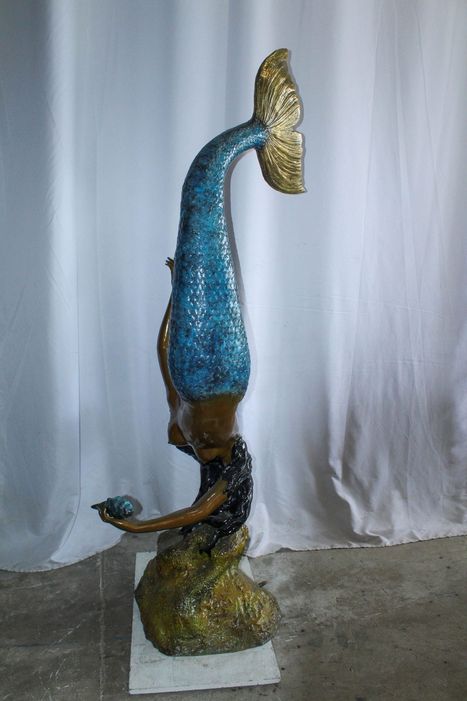 Large Bronze Mermaid Fountain Statue With Blue Tail 37" x 30" x 85"H - 3