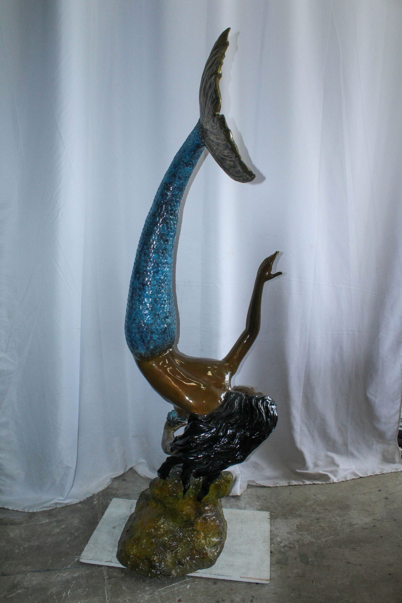 Large Bronze Mermaid Fountain Statue With Blue Tail 37" x 30" x 85"H - 6
