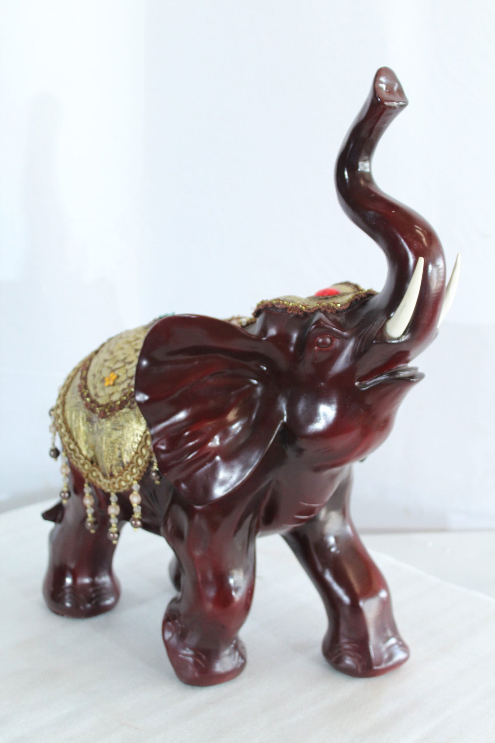 Resin Elephant Statue with Gold Saddle and Raised Trunk - Regal Lucky Elephant Home Decor - 19" x - 4