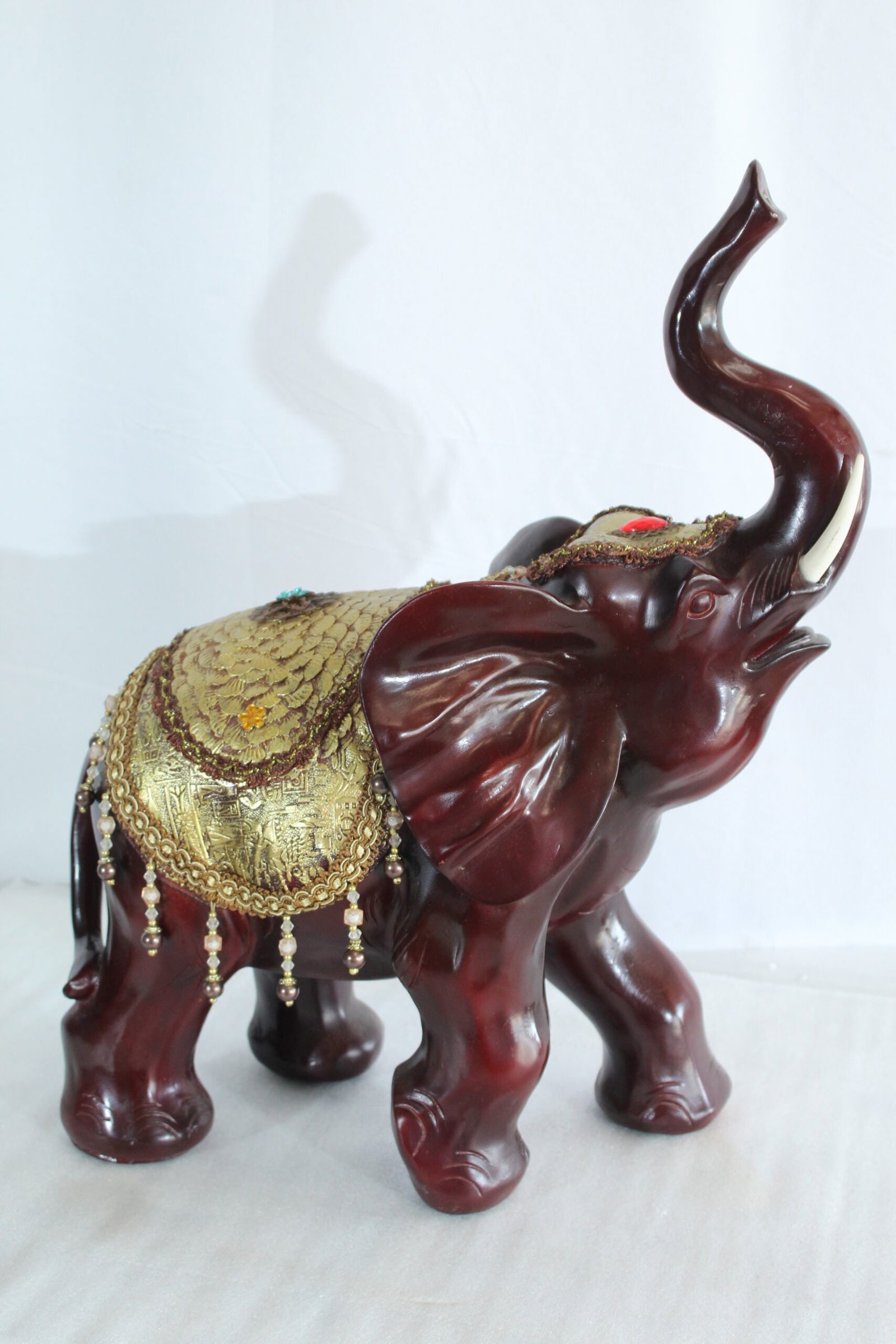 Resin Elephant Statue with Gold Saddle and Raised Trunk - Regal Lucky Elephant Home Decor - 19" x - 5