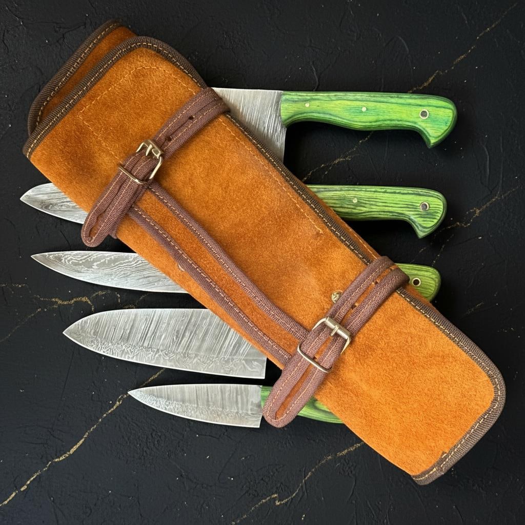 Artisan Forged 5pc Damascus Steel Chef Knife Set with Full Tang Pakka Wood Handles - 2