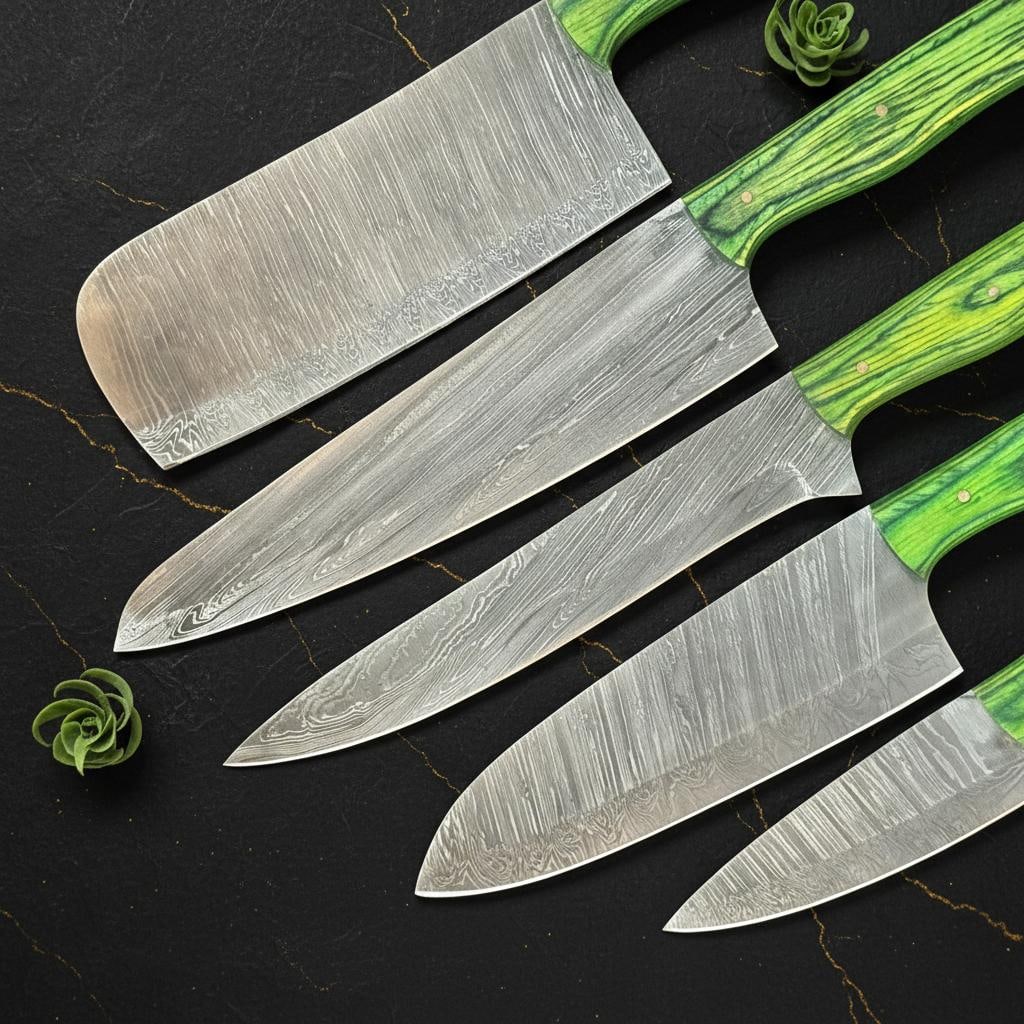 Artisan Forged 5pc Damascus Steel Chef Knife Set with Full Tang Pakka Wood Handles - 3