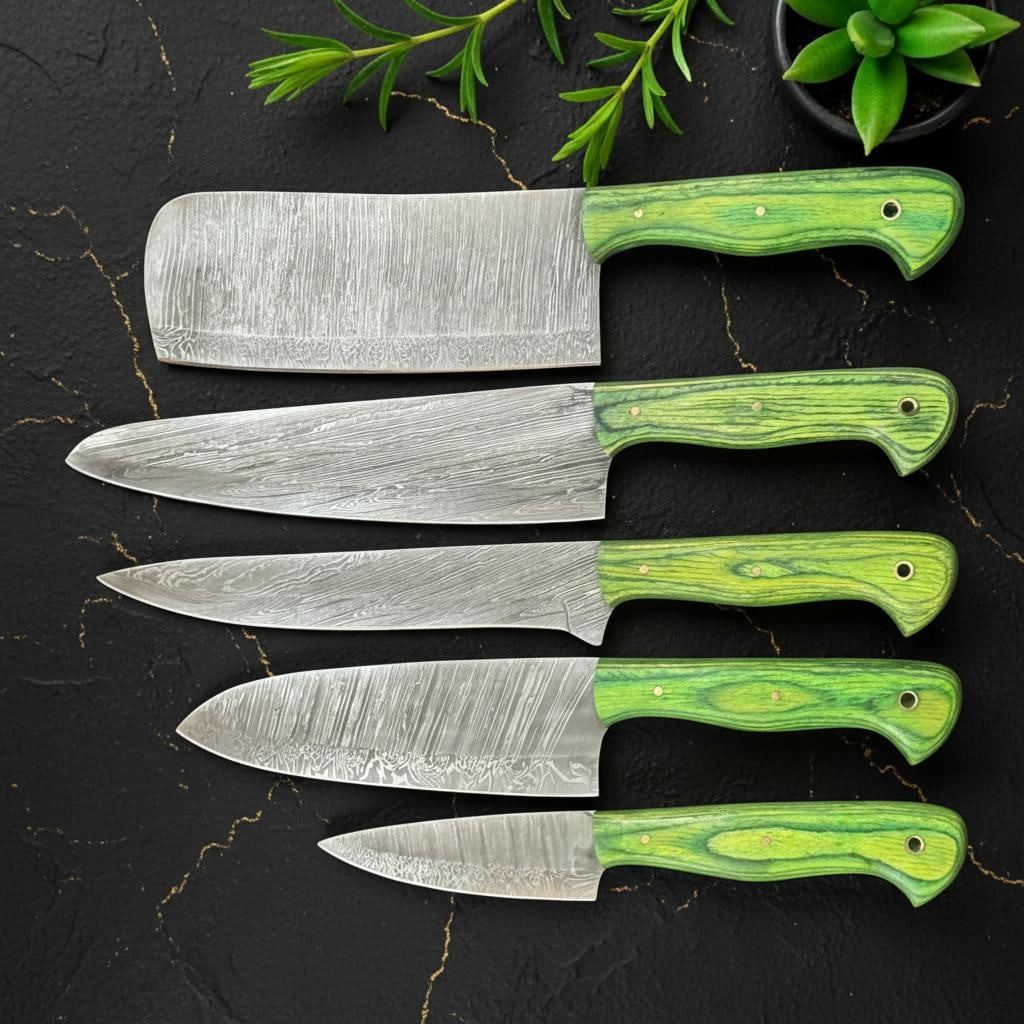 Artisan Forged 5pc Damascus Steel Chef Knife Set with Full Tang Pakka Wood Handles - 4