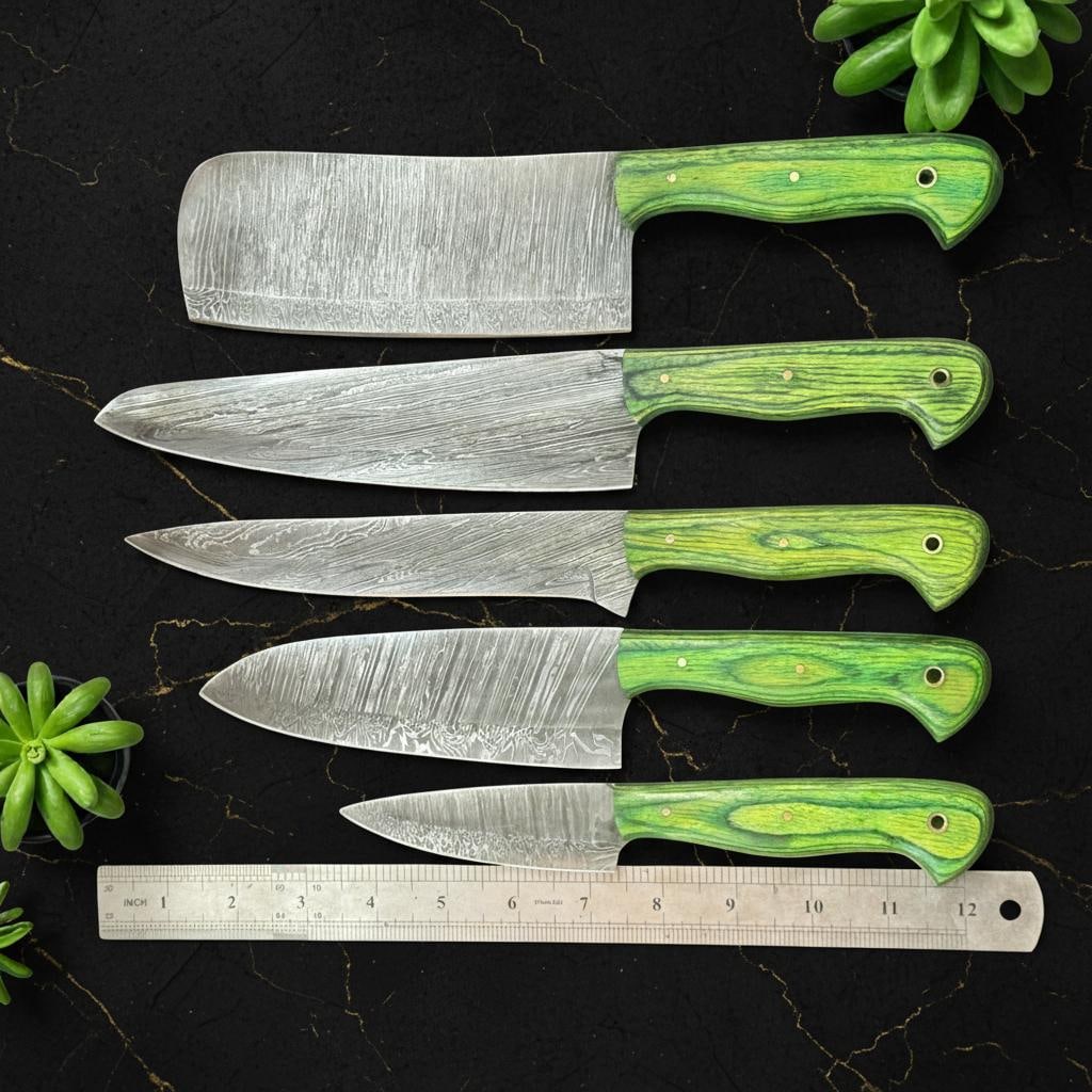 Artisan Forged 5pc Damascus Steel Chef Knife Set with Full Tang Pakka Wood Handles - 5