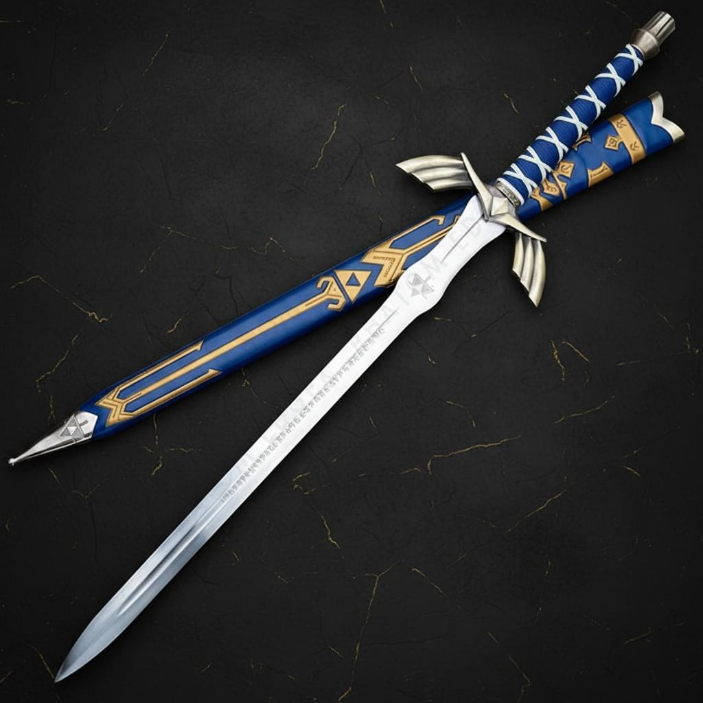 Metal Master Sword Replica from Legend of Zelda with Rune Etched Blade and Scabbard: Title:Metal Master Sword Replica from Legend of Zelda with Rune Etched Blade and ScabbardDescription:This is a detailed replica of the iconic Master Sword from The Legend of Zelda video game series.