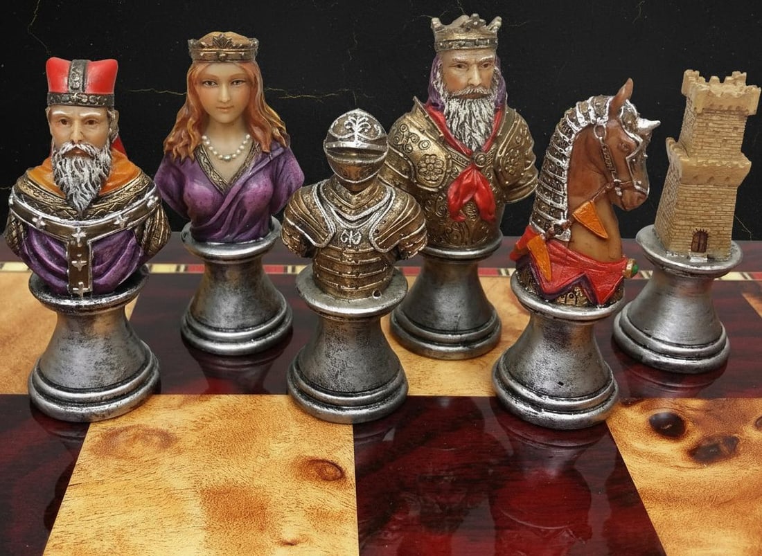 Hand Painted Crusades Chess Pieces Set Medieval Busts Solid Resin 32pc No Board: Title:Hand Painted Crusades Chess Pieces Set Medieval Busts Solid Resin 32pc No Board Description:This listing is for a complete 32 piece set of chess men, featuring a detailed Medieval Times Crusades