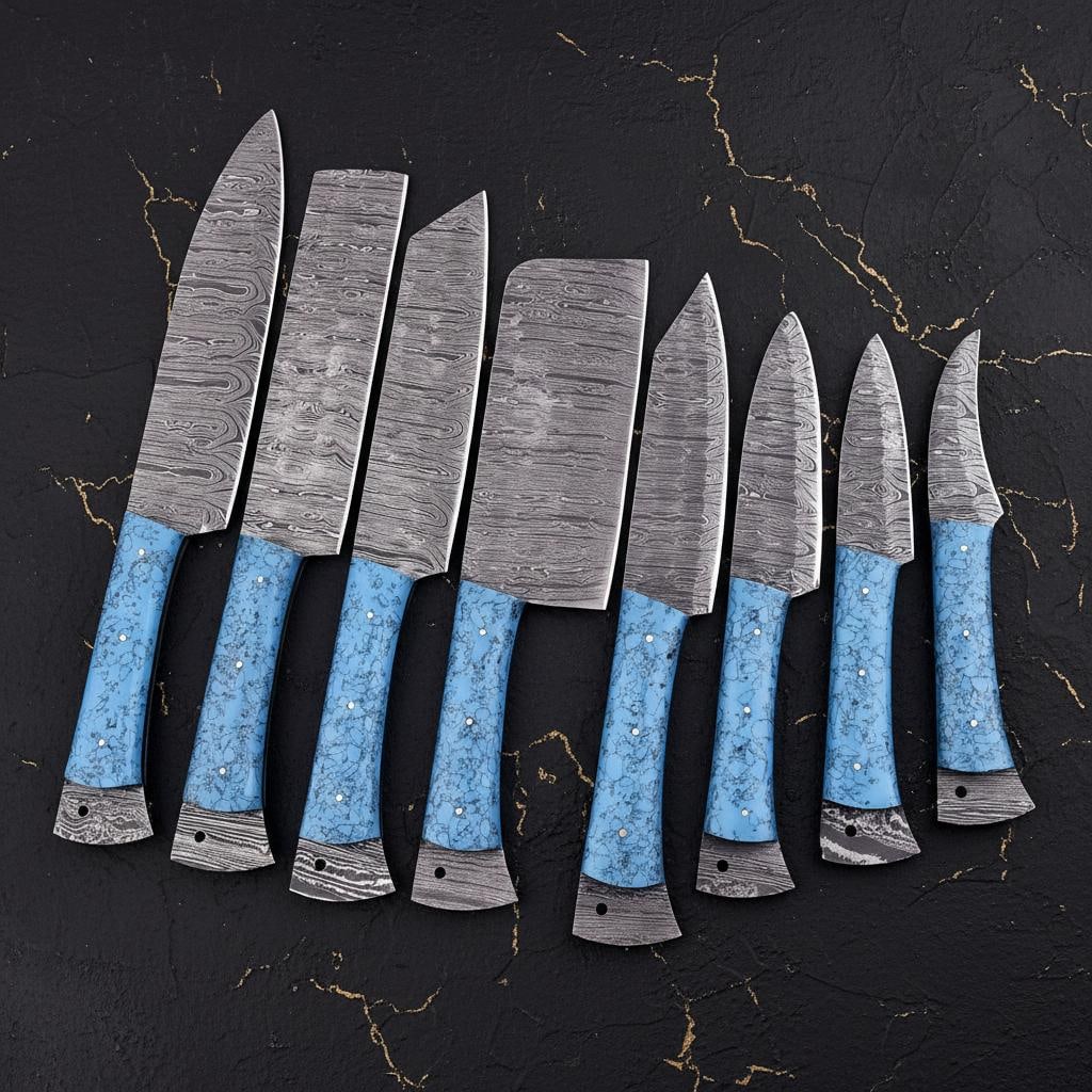 Hammered Damascus Steel 8pc Kitchen Knife Set with Turquoise Resin Handles and Leather Roll Bag: Title:Hammered Damascus Steel 8pc Kitchen Knife Set with Turquoise Resin Handles and Leather Roll Bag Description:This listing is for a complete 8 piece kitchen knife set, meticulously hand forged fro